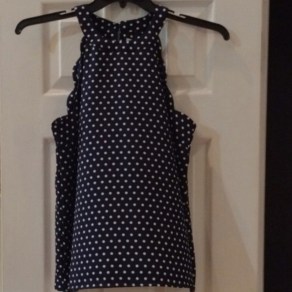 Monteau Navy and White Polka Dot Halter Tank